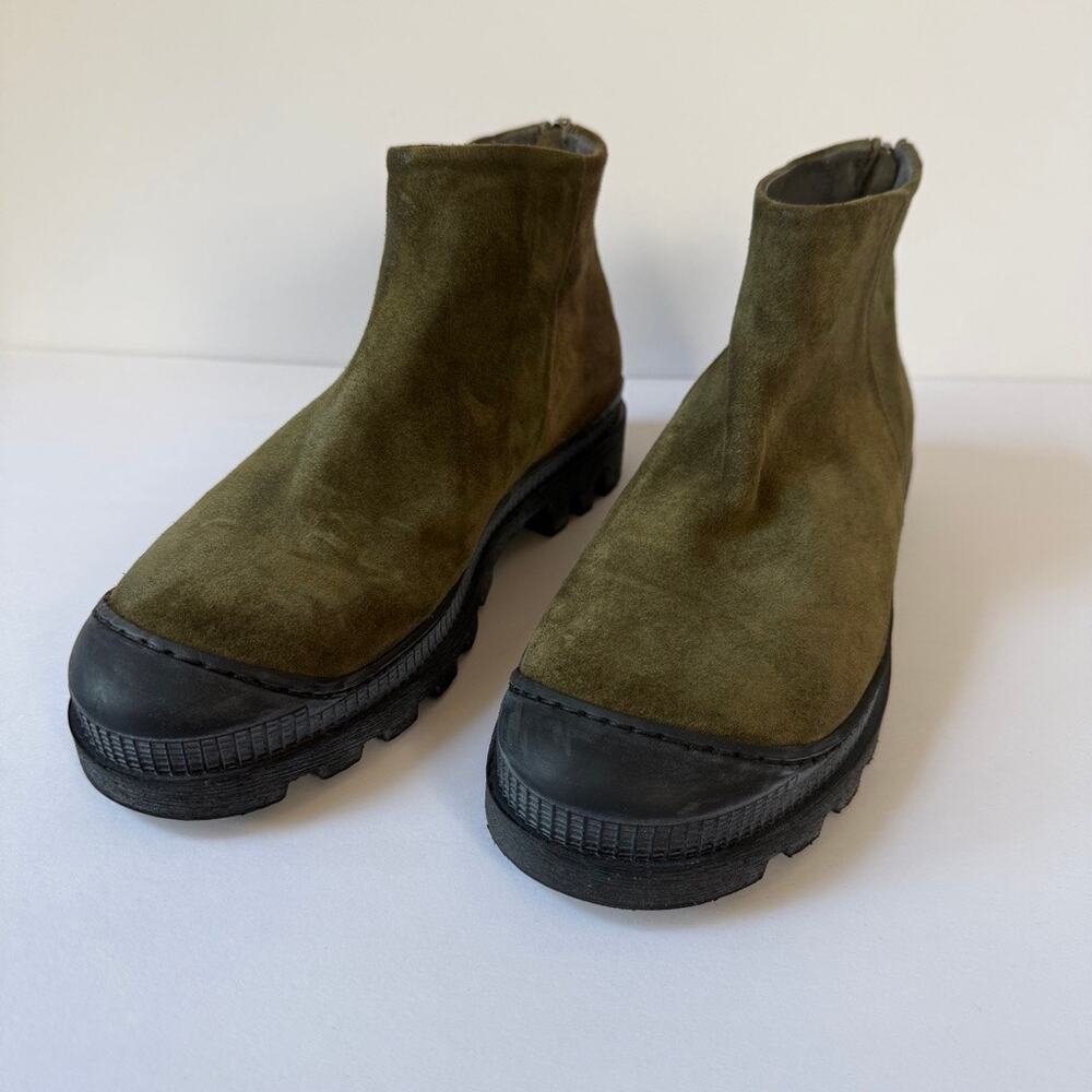 LOFINA Green Suede Lug Sole Zip Ankle Boots 6470 Euro 38 US 7.5 Italian